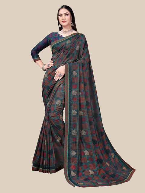 

UNITED LIBERTY Women Blue Striped Block Print Vichitra Silk Saree