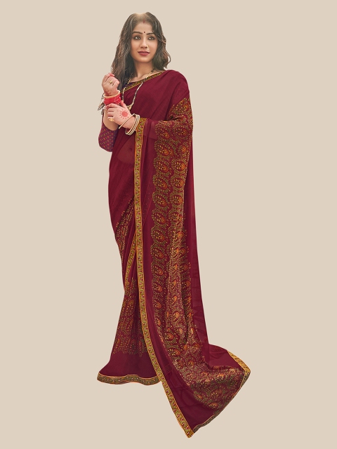 

UNITED LIBERTY Maroon & Mustard Ethnic Motifs Pure Georgette Saree