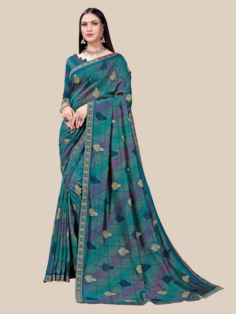 

UNITED LIBERTY Blue & Green Floral Zari Art Silk Block Print Saree