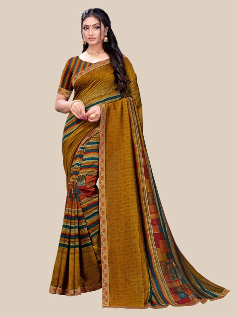 

UNITED LIBERTY Brown & Red Striped Vichitra Silk Saree