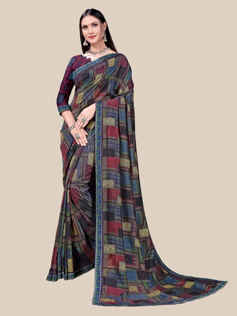 

UNITED LIBERTY Purple & Maroon Floral Zari Art Silk Block Print Saree