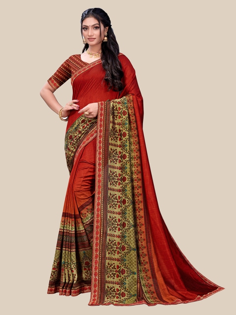 

UNITED LIBERTY Red & Green Floral Art Silk Block Print Saree