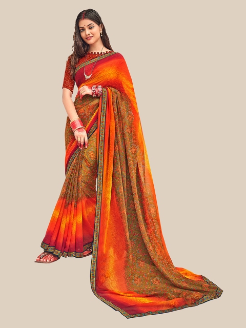 

UNITED LIBERTY Brown & Orange Floral Zari Pure Georgette Block Print Saree