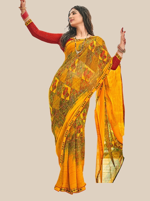 

UNITED LIBERTY Yellow & Maroon Floral Zari Pure Georgette Block Print Saree