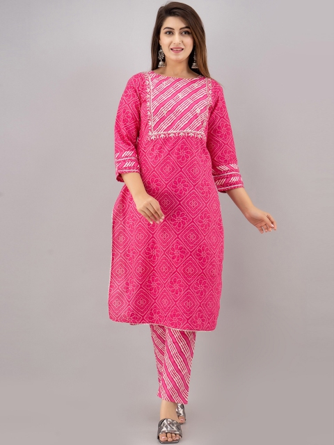 

OMASK Women Pink & White Bandhani Printed Pure Cotton Kurta with Trousers & With Dupatta