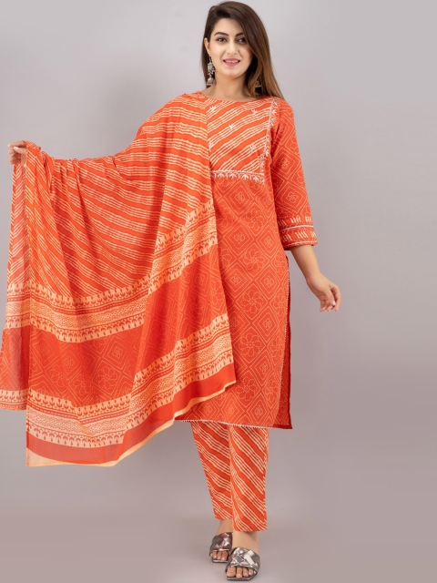

OMASK Women Orange Printed Gotta Patti Pure Cotton Kurta with Pyjamas With Dupatta