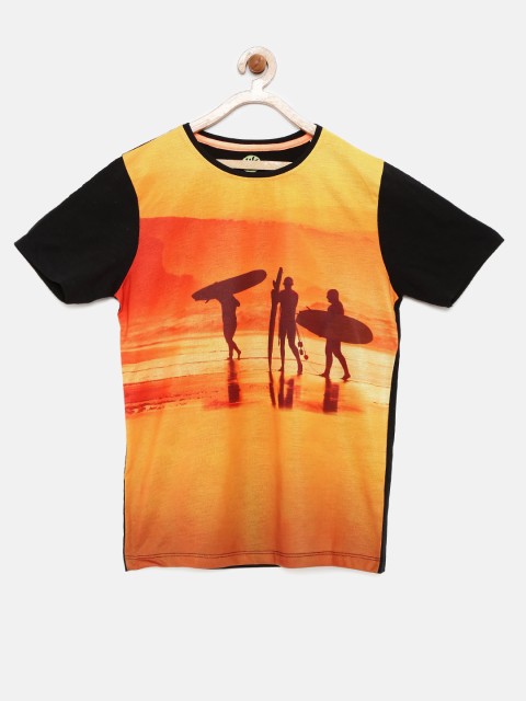 

YK Boys Mustard Yellow & Orange Printed Round Neck T-shirt