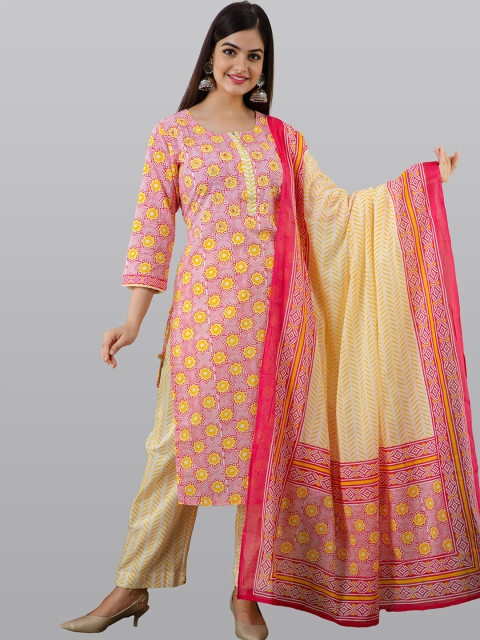 

OMASK Women Yellow Floral Printed Pure Cotton Kurta with Trousers & With Dupatta