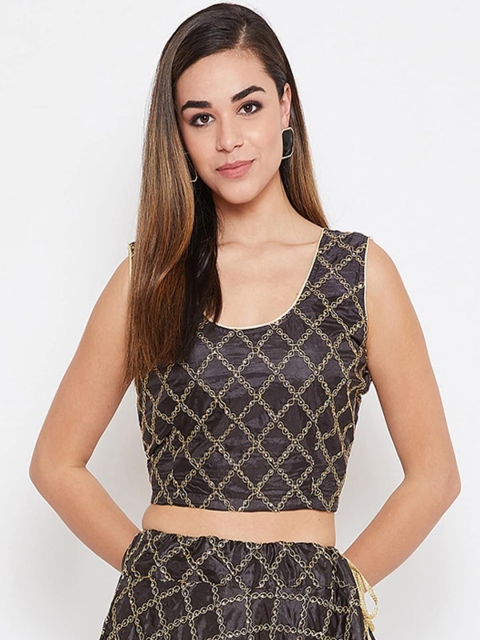 

TULIP 21 Women Black & Gold-Toned Embellished Thread Work Silk Blouse