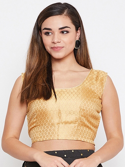 

TULIP 21 Women Gold-Coloured Woven-Design Round Neck Silk Saree Blouse