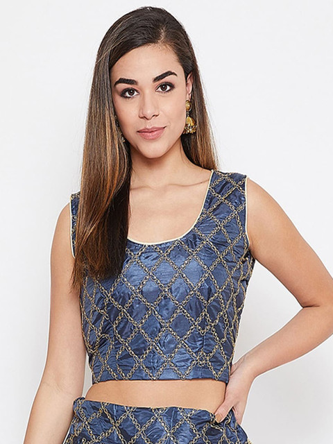 

TULIP 21 Women Navy Blue & Gold-Coloured Embellished Silk Saree Blouse
