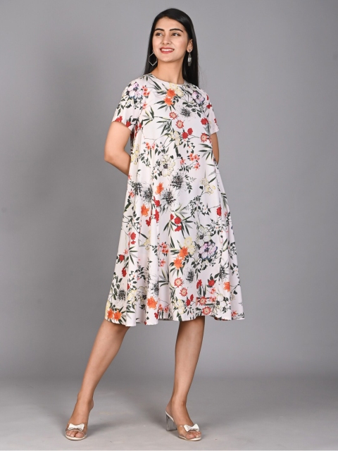 

Bavaria Off White & Green Floral Crepe A-Line Midi Dress