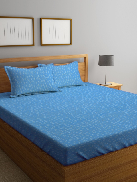 

KLOTTHE Blue Conversational 300 TC Pure Cotton King Bedsheet with 2 Pillow Covers
