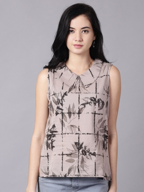 

AASI - HOUSE OF NAYO Grey Tropical Print Peter Pan Collar Tropical Pure Cotton Top