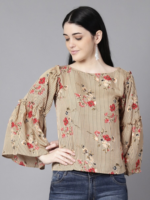 

AASI - HOUSE OF NAYO Beige & Red Floral Printed Bell Sleeves Top