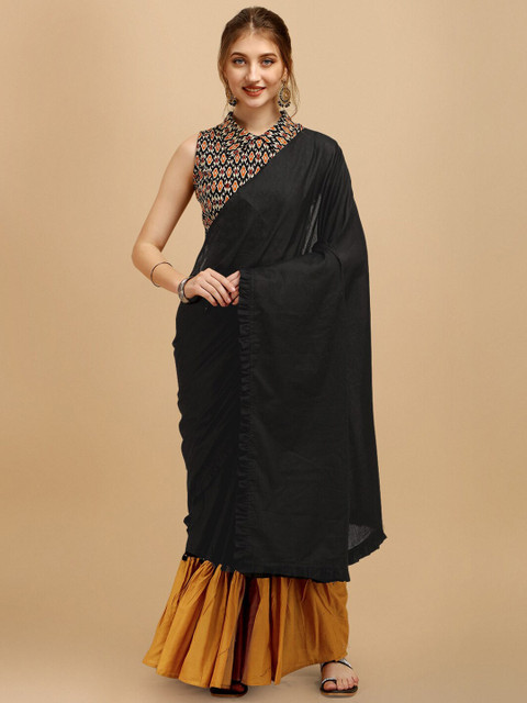 

Sangria Black & Mustard Solid Ruffled With Blouse Piece