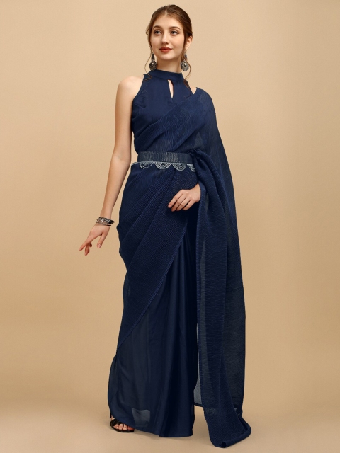 

Sangria Blue Silk Blend Saree With Embellished Belt