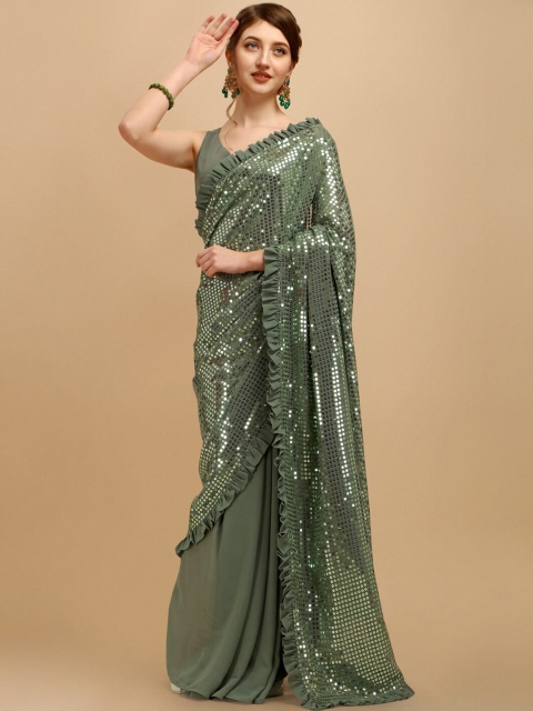 

Sangria Green Embellished Sequinned Georgette Saree