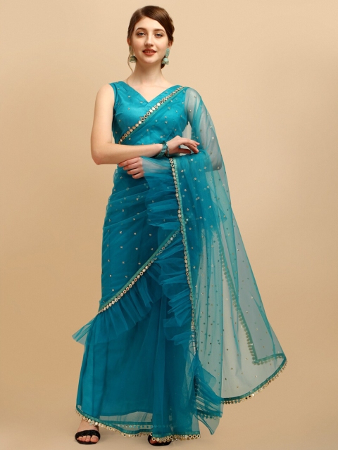 

Sangria Teal Embellished Ruffled Sequinned Net Saree