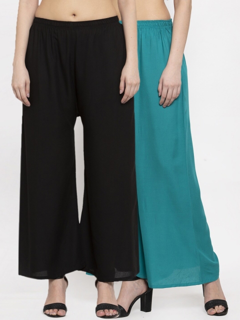 

Miaz Lifestyle Women Black & Turquoise Blue Set Of 2 Flared Knitted Palazzos