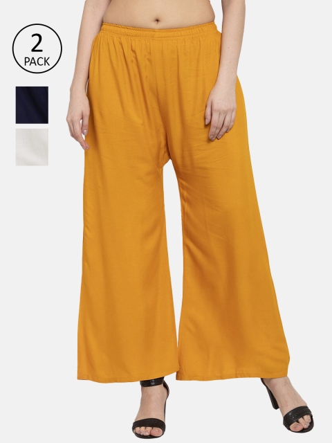 

Miaz Lifestyle Women Pack Of 3 Mustard Yellow & Navy Blue Knitted Palazzos