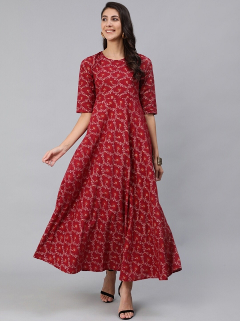 

Nayo Maroon & Beige Ethnic Motifs Printed Ethnic Cotton Maxi Dress