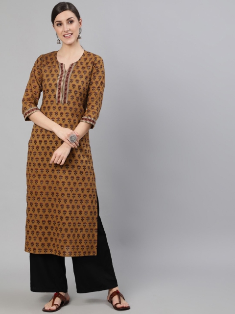 

Nayo Women Brown Ethnic Printed Straight Three Quarter Sleeves Kurta