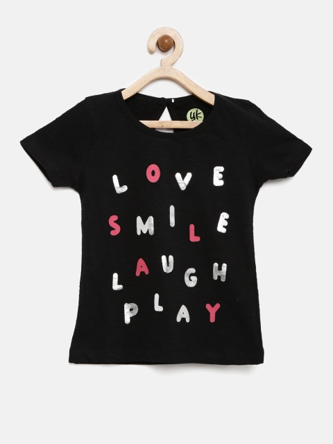 

YK Girls Black Printed Round Neck T-shirt