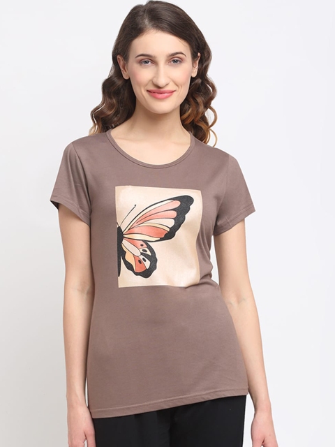 

Kanvin Women Camel Brown & Black Printed Lounge Tshirt