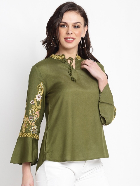 

Miaz Lifestyle Green Mandarin Collar Top