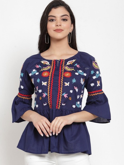 

Miaz Lifestyle Navy Blue Floral Embroidered Top