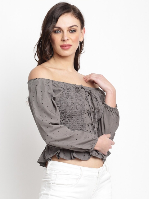 

Miaz Lifestyle Grey Checked Off-Shoulder Bardot Crop Top