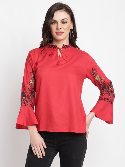 

Miaz Lifestyle Red Embellished Embroidered Sleeves Tie-Up Neck Top