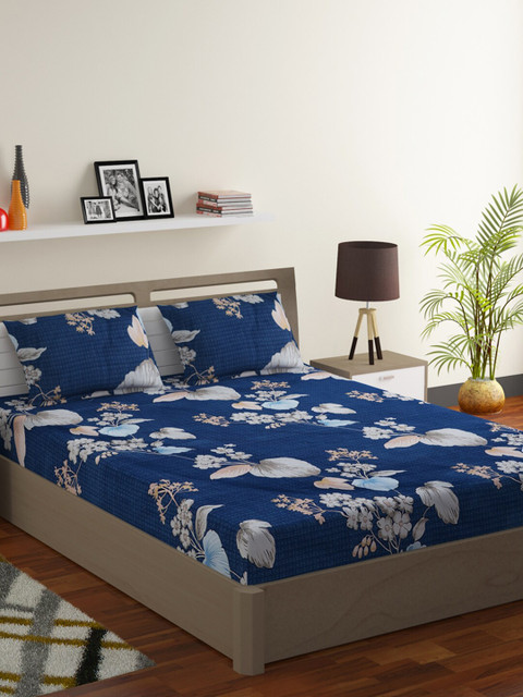 

RUGSMITH Blue & Grey Floral 210 TC King Bedsheet with 2 Pillow Covers