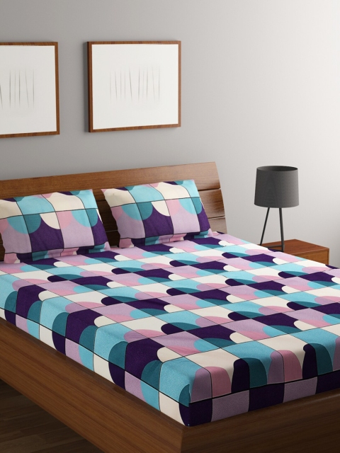

RUGSMITH Blue & Pink 200 TC Fitted Cotton Queen Bedsheet with 2 Pillow Covers