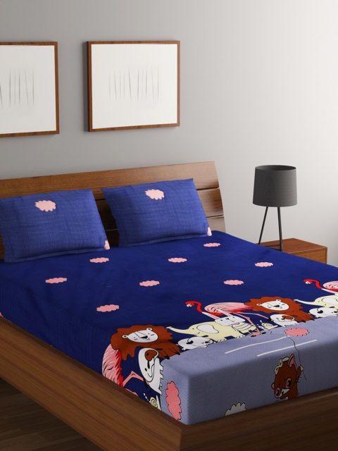 

RUGSMITH Blue & White Cartoon Characters 200 TC Queen Bedsheet with 2 Pillow Covers