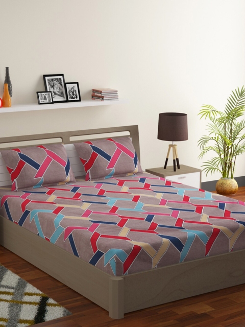 

RUGSMITH Grey & Pink Geometric 210 TC Elastic Fitted King Bedsheet with 2 Pillow Covers