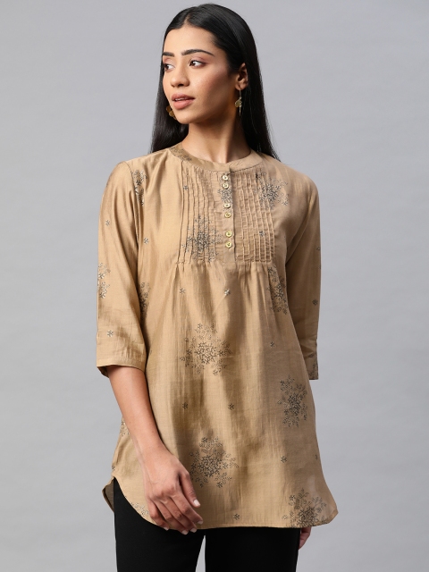 

Laabha Beige Mandarin Collar Printed Tunic