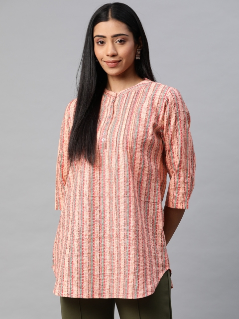 

Laabha Peach-Coloured & Brown Mandarin Collar Striped Tunic