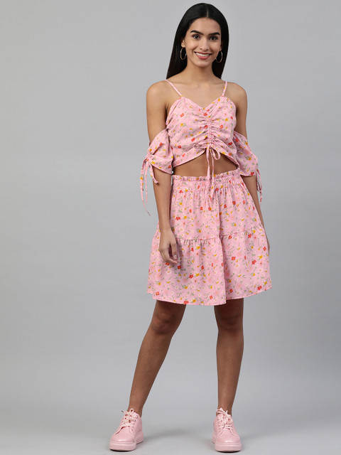 

STALK Women Pink Floral Print Crop Top & Skirt Set