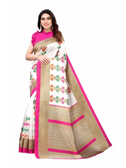 

AADVIKA Pink & Golden Floral Art Silk Mysore Silk Saree