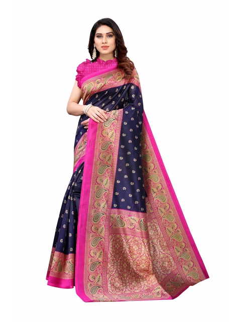 

AADVIKA Navy Blue & Pink Paisley Printed Mysore Silk Saree