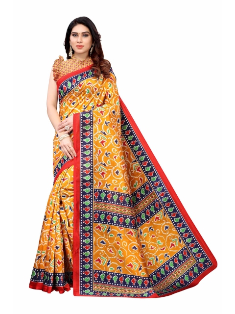 

AADVIKA Yellow & Red Floral Art Silk Mysore Saree