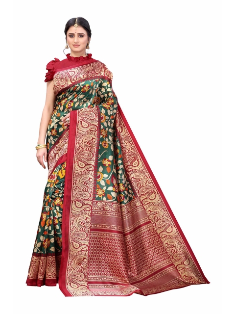 

AADVIKA Red & Green Floral Art Silk Ready to Wear Mysore Silk Saree