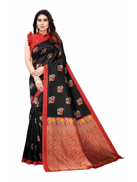 

AADVIKA Black & Red Ethnic Motifs Printed Mysore Silk Saree