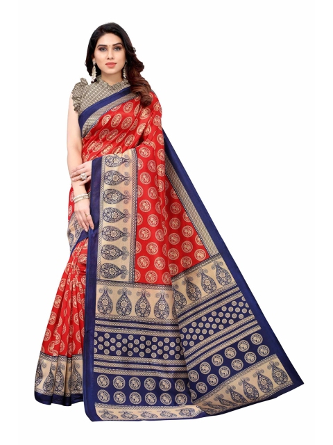 

AADVIKA Red & Navy Blue Ethnic Motifs Art Silk Mysore Silk Saree