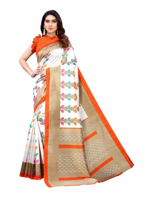 

AADVIKA Orange & White Floral Art Silk Mysore Silk Saree
