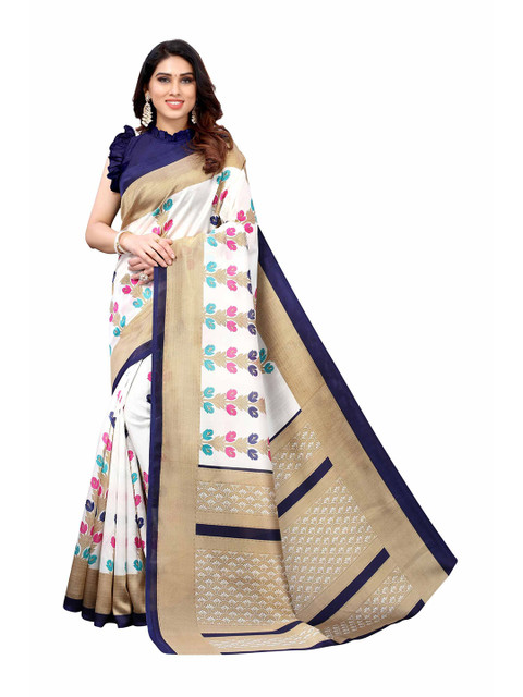 

AADVIKA Navy Blue & White Floral Art Silk Saree