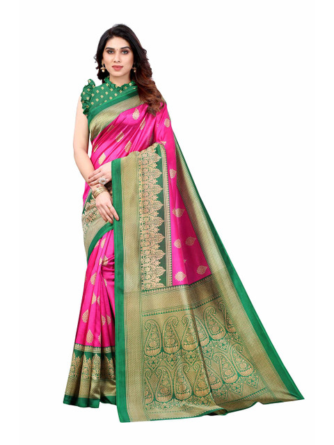 

AADVIKA Pink & Green Ethnic Motifs Zari Mysore Art Silk Saree