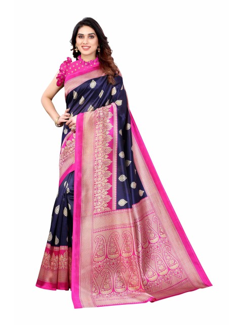 

AADVIKA Navy Blue & Pink Ethnic Motifs Art Silk Mysore Silk Saree